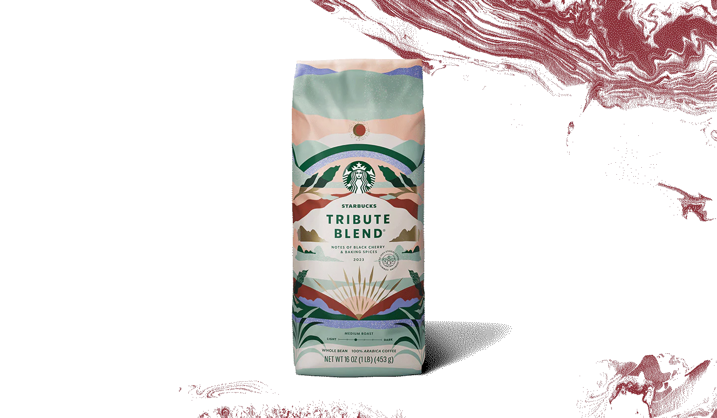 Package of coffee featuring a graphic design of three coffee regions illustrated with scenes from nature.