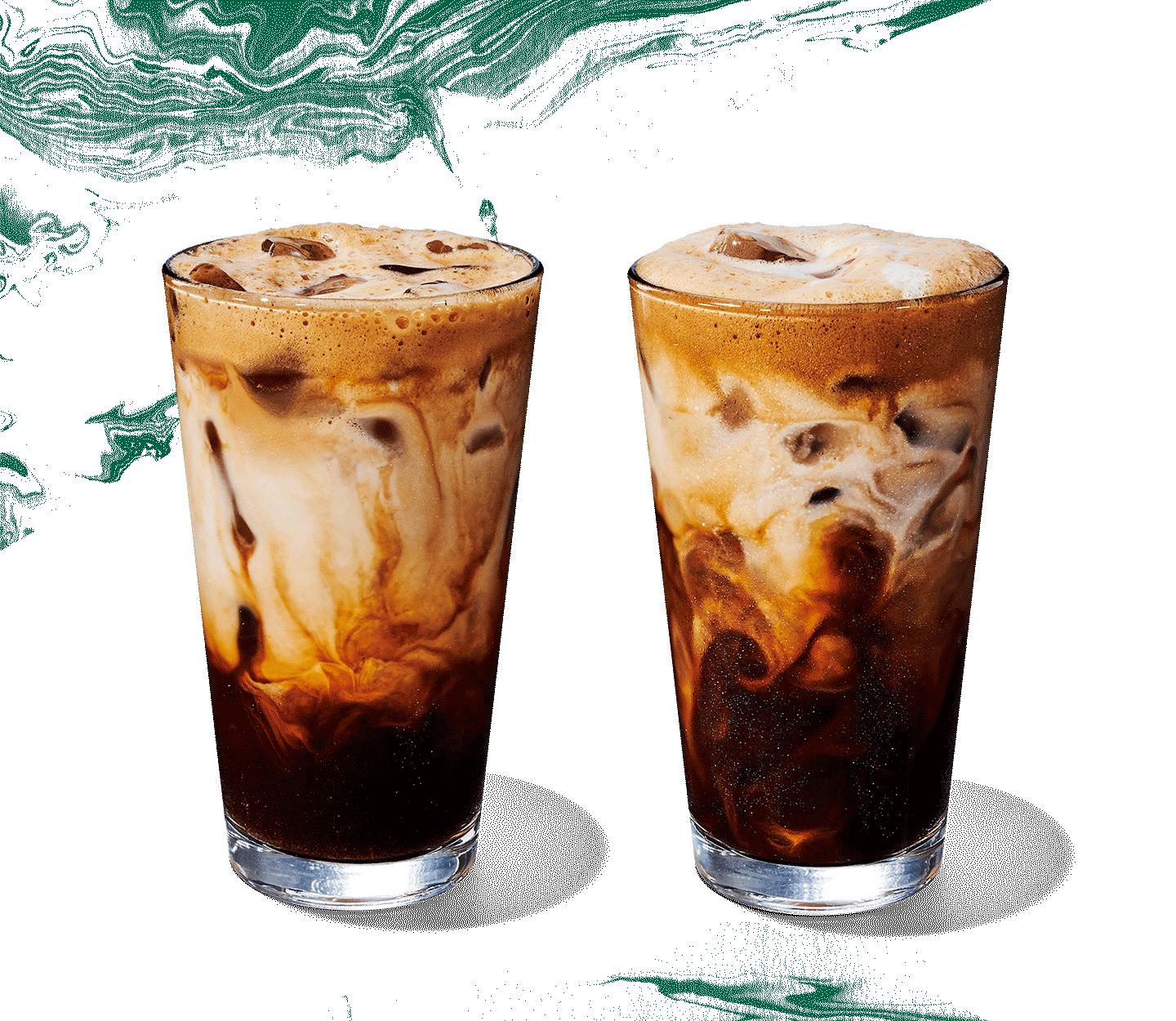Two iced coffee drinks in tall glasses, dark at the bottom and marbled toward the top.